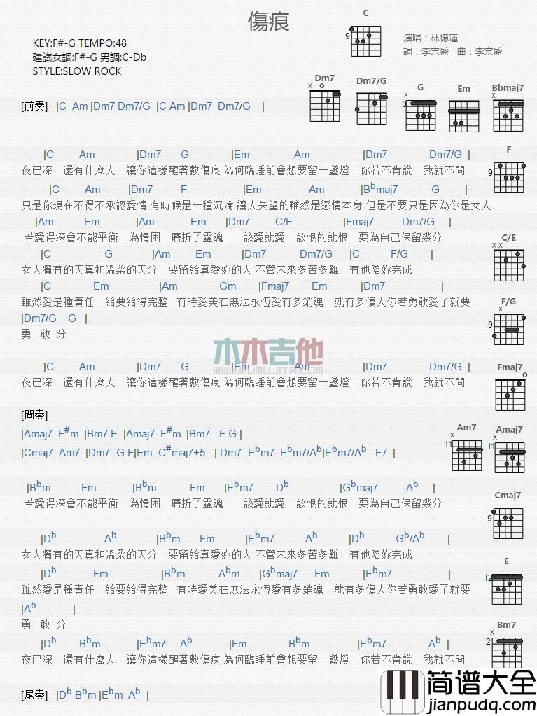 林忆莲_伤痕_吉他谱_Guitar_Music_Score