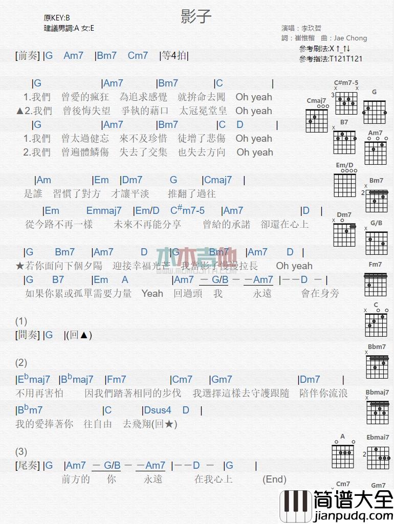 李玖哲_影子_吉他谱_Guitar_Music_Score