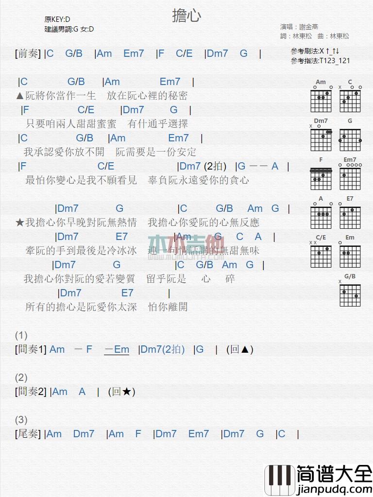 谢金燕_担心_吉他谱_Guitar_Music_Score