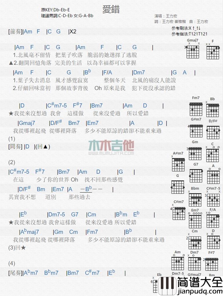 王力宏_爱错_吉他谱_Guitar_Music_Score