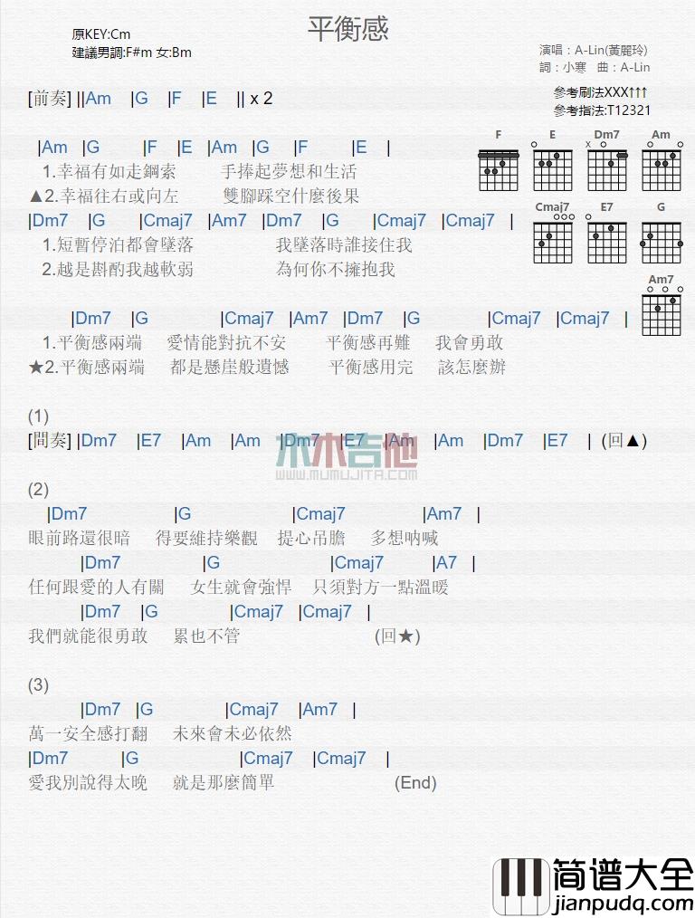 黄丽玲_平衡感_吉他谱_Guitar_Music_Score