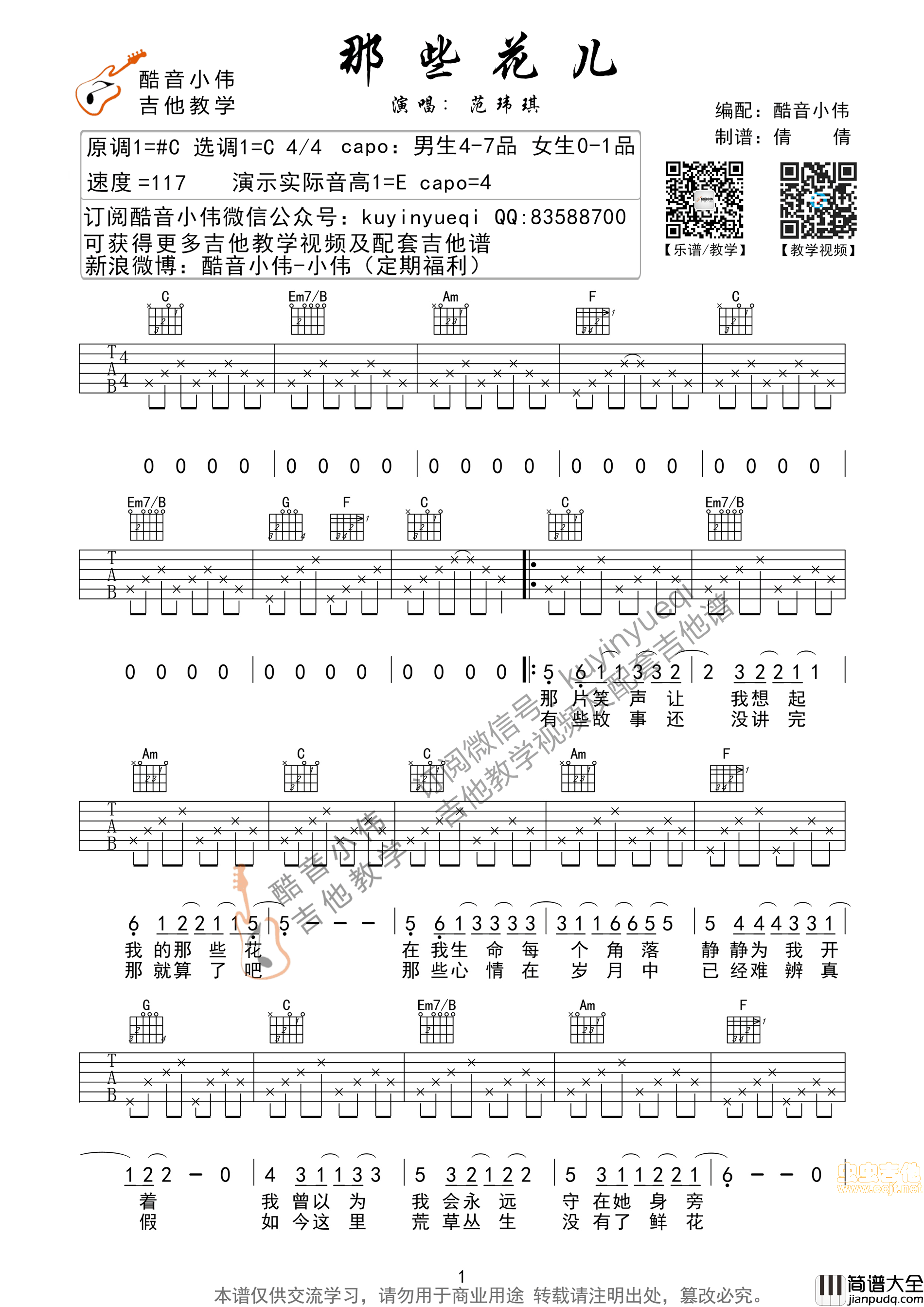 _那些花儿_超原版带前奏间奏酷音小伟编谱|吉他谱|图片谱|高清|朴树