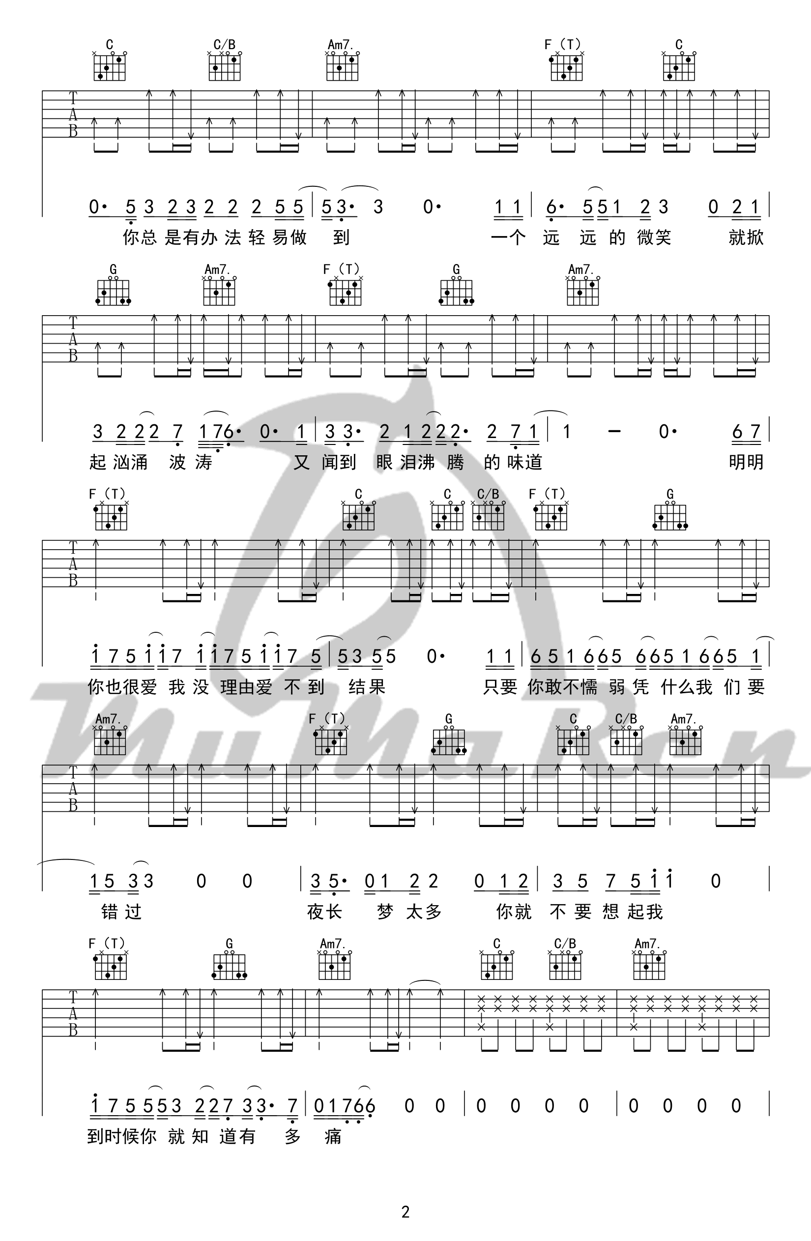 你就不要想起我吉他谱_田馥甄_C调弹唱谱_六线谱高清版