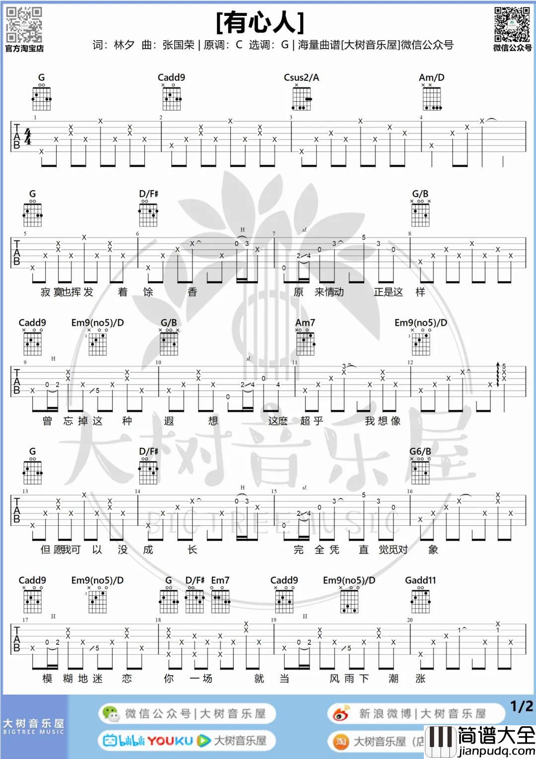 张国荣_有心人_吉他谱(G调)_Guitar_Music_Score