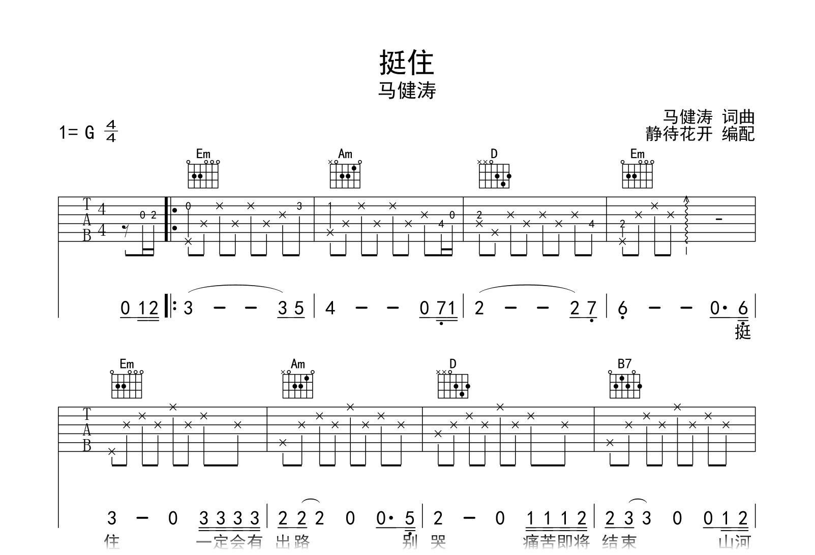 挺住吉他谱_马健涛_G调弹唱谱__挺住_高清六线谱