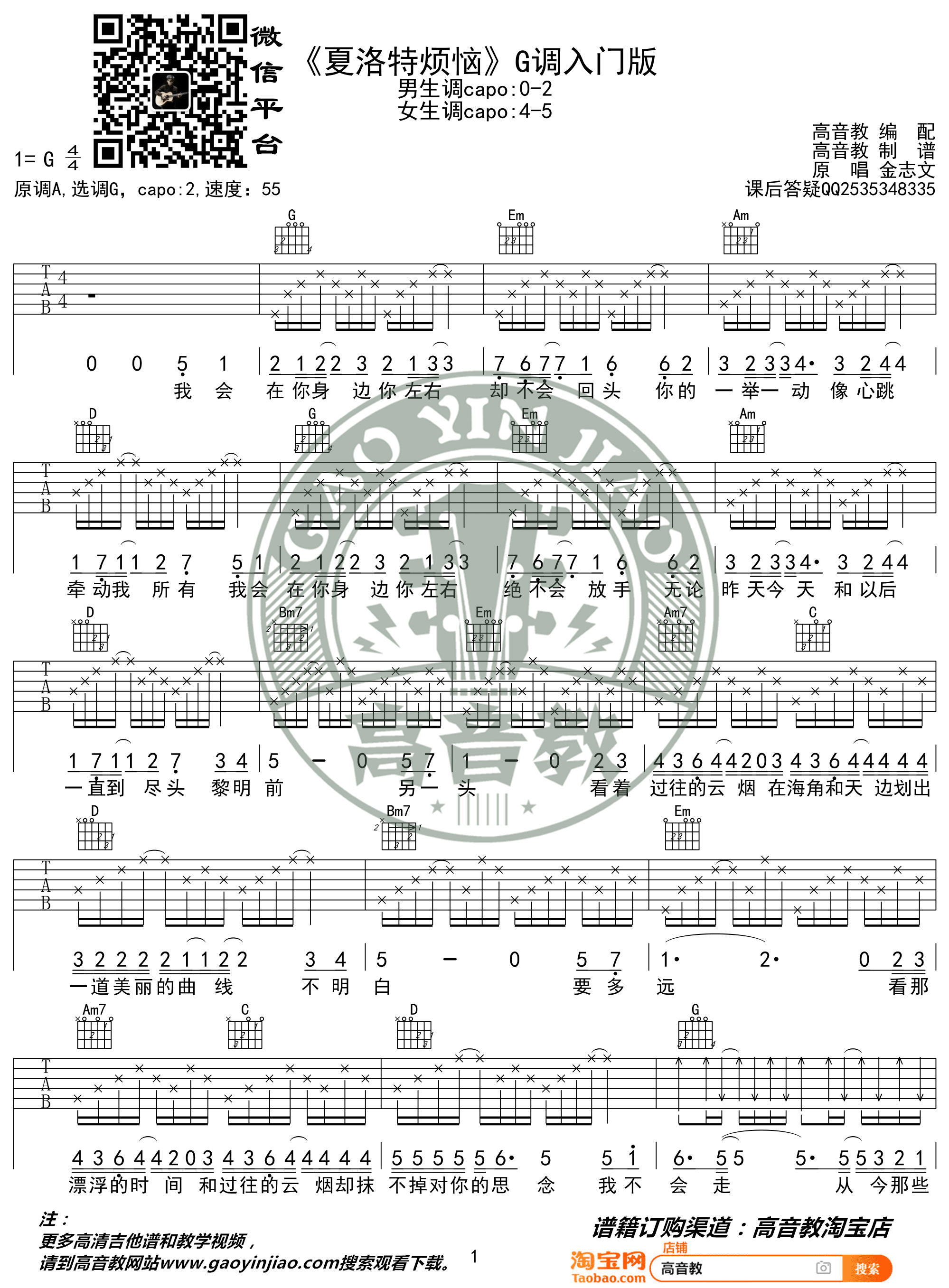 夏洛特烦恼吉他谱_金志文_G调简单版