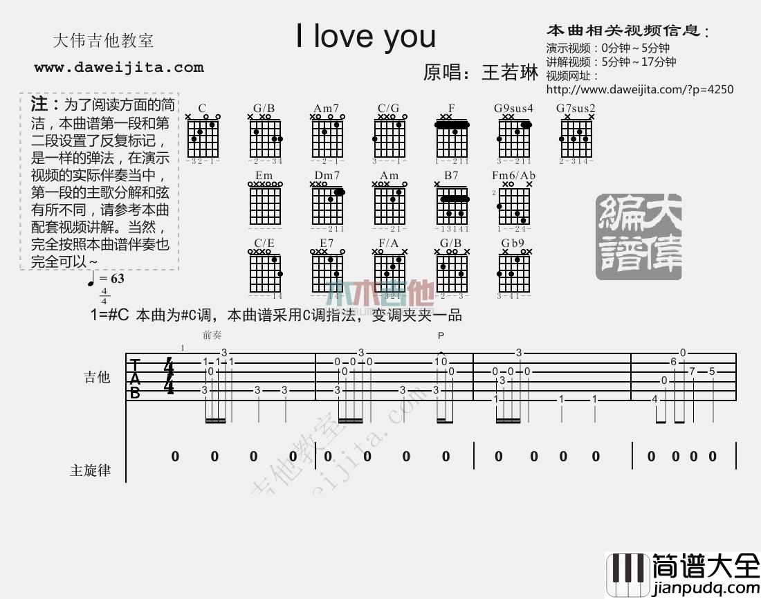 王若琳_I_Love_You_吉他谱(升C调)_Guitar_Music_Score