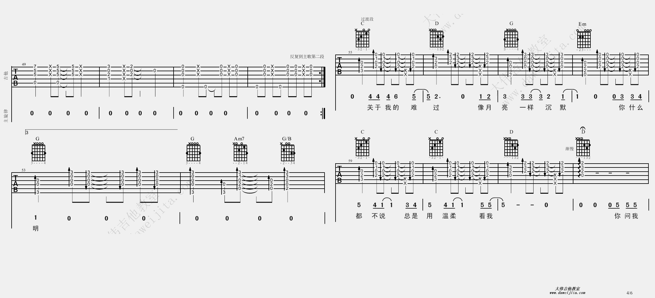 杨坤_月亮可以代表我的心_吉他谱(降A调)_Guitar_Music_Score