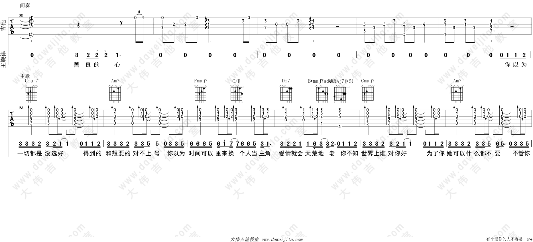 那英_有个爱你的人不容易_吉他谱(C调)_Guitar_Music_Score