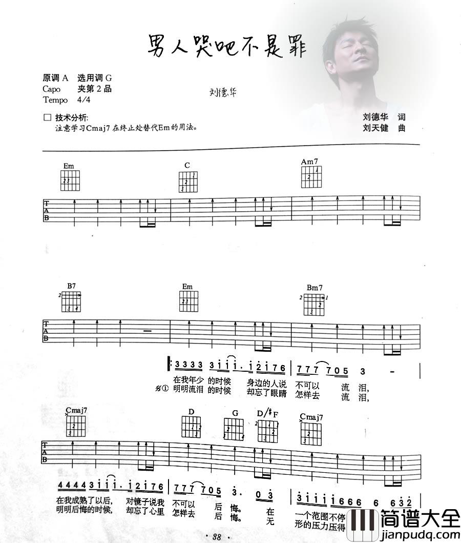 刘德华_男人哭吧不是罪_刘德华歌曲吉他弹唱谱推荐_吉他谱_群星_吉他图片谱_高清