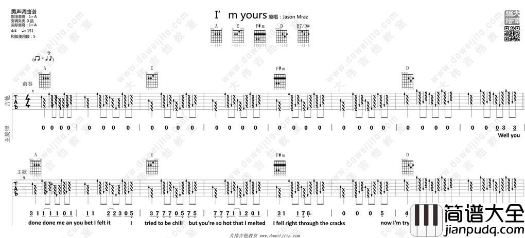 Jason,Mraz_Im_Yours_吉他谱(A调)_Guitar_Music_Score