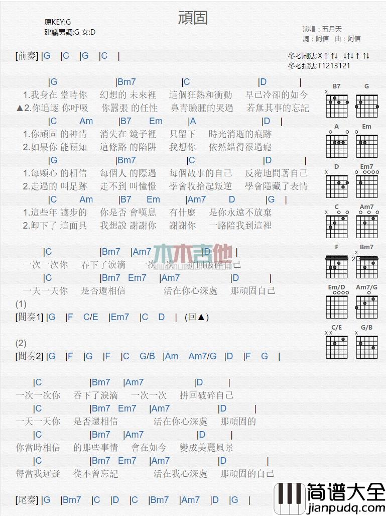五月天_顽固_吉他谱_Guitar_Music_Score