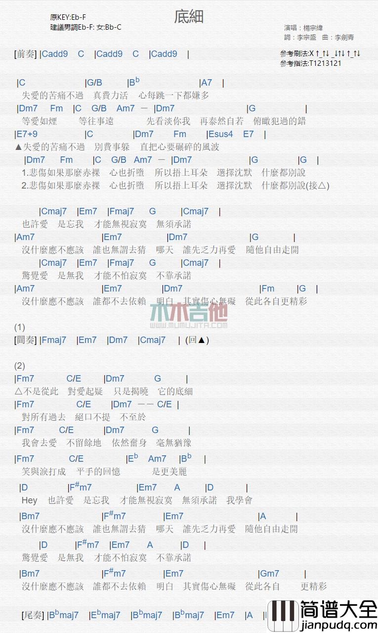 杨宗纬_底细_吉他谱_Guitar_Music_Score
