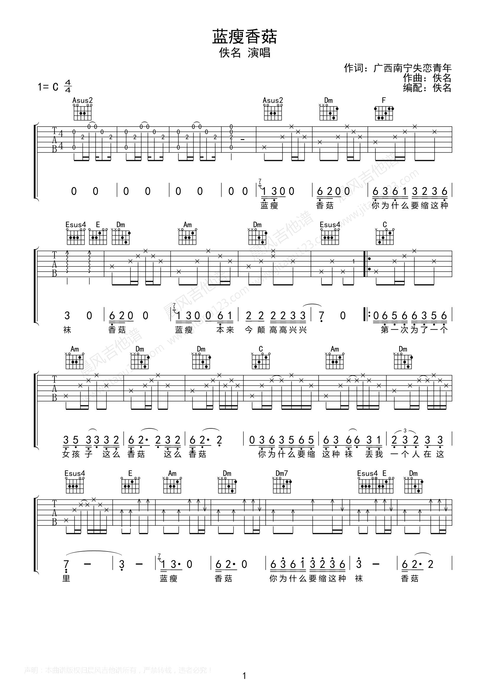 网络歌曲_蓝瘦香菇_吉他谱_Guitar_Music_Score