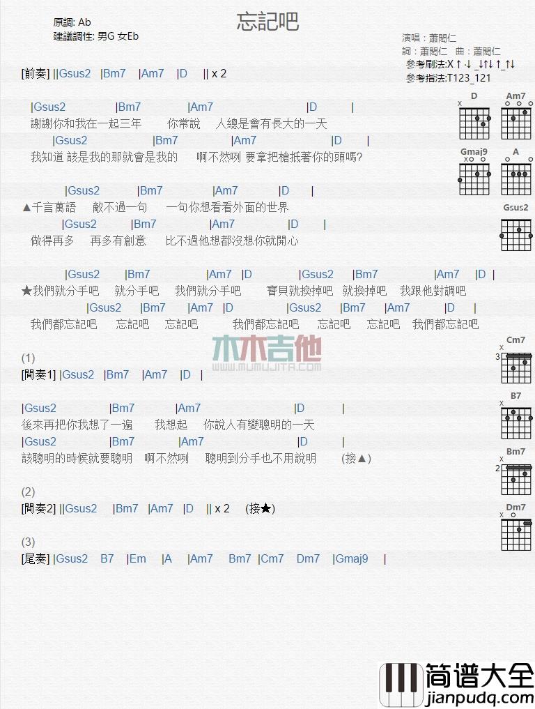 萧闳仁_忘记吧_吉他谱_Guitar_Music_Score