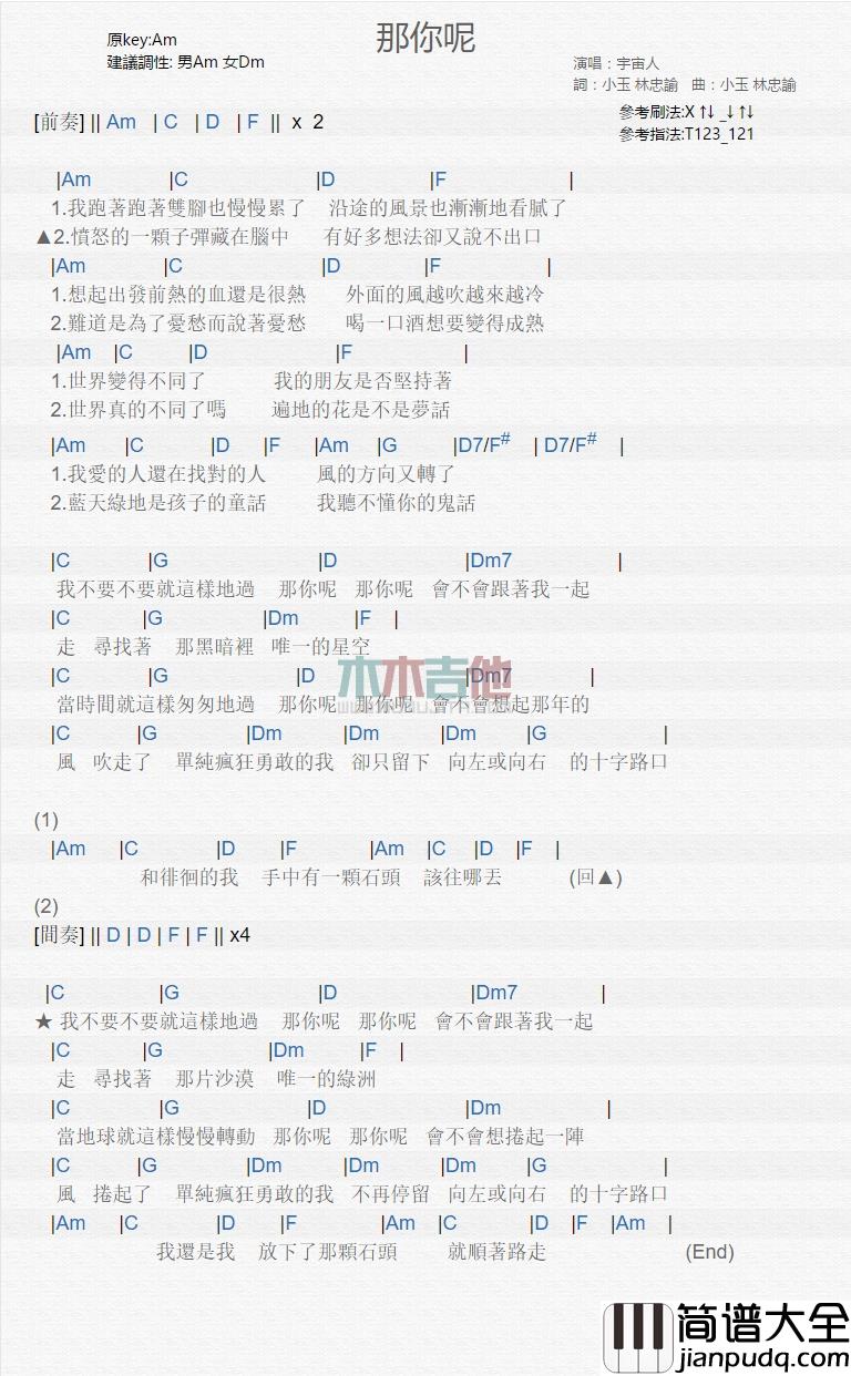 宇宙人_那你呢_吉他谱_Guitar_Music_Score