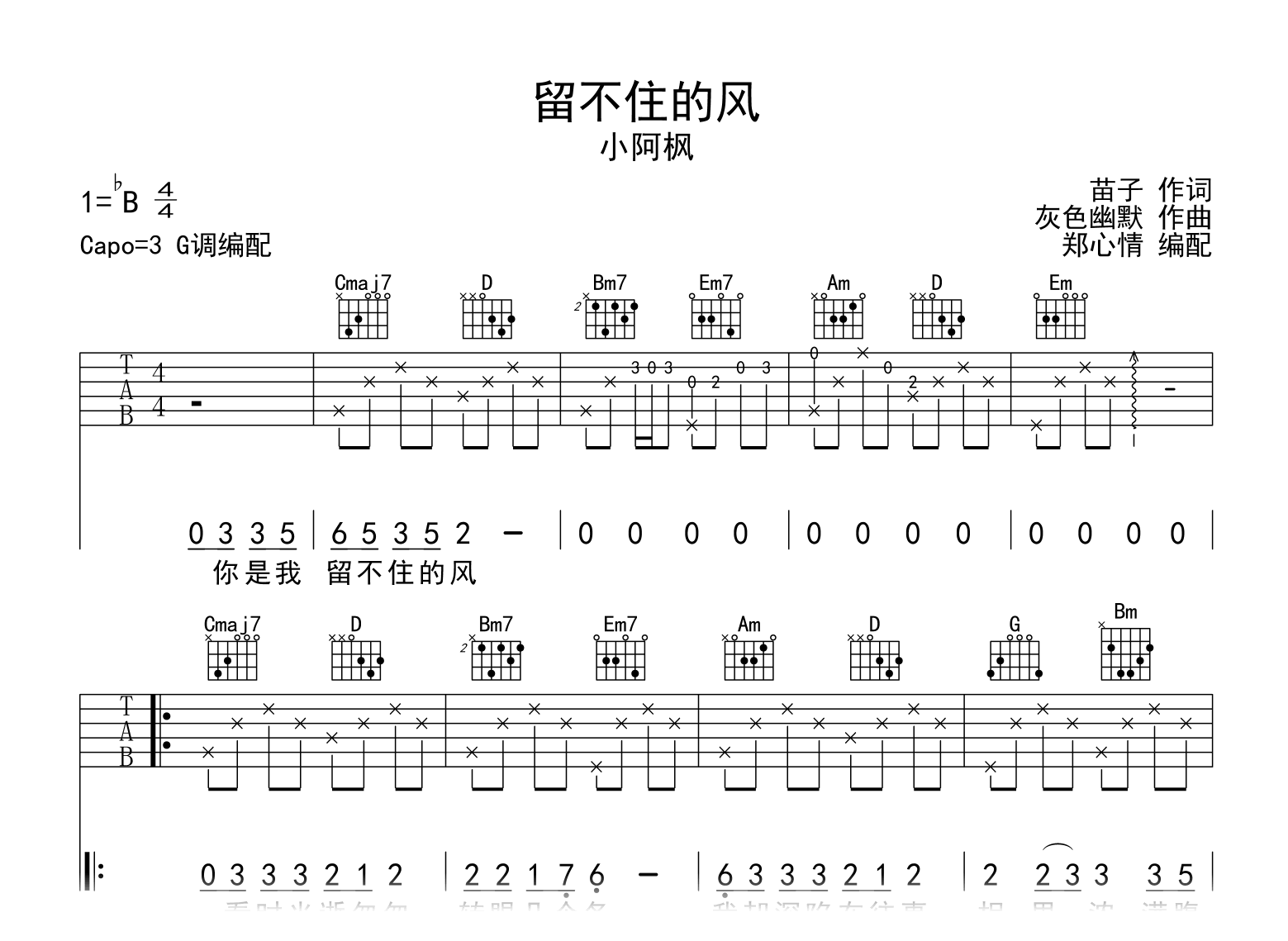 留不住的风吉他谱_小阿枫_G调弹唱六线谱