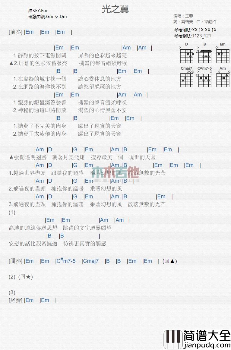 王菲_光之翼_吉他谱_Guitar_Music_Score