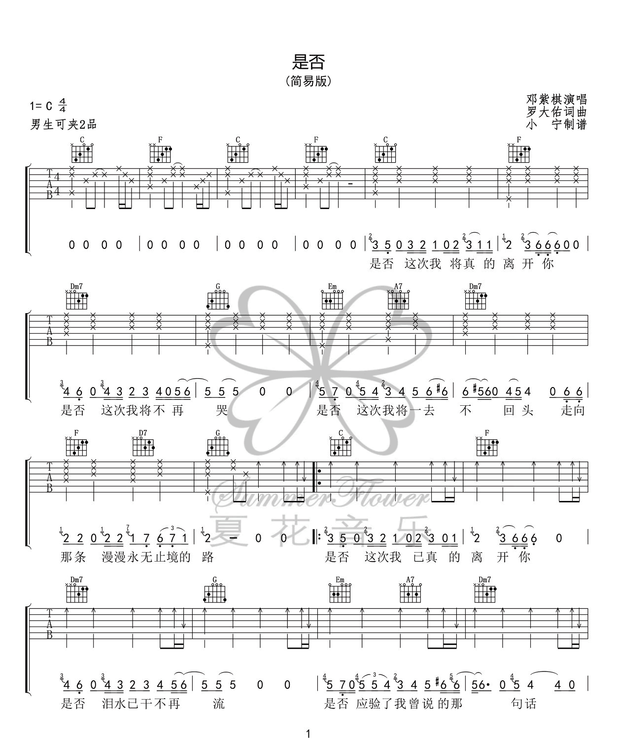 是否吉他谱_邓紫棋/苏芮_C调指法简单版