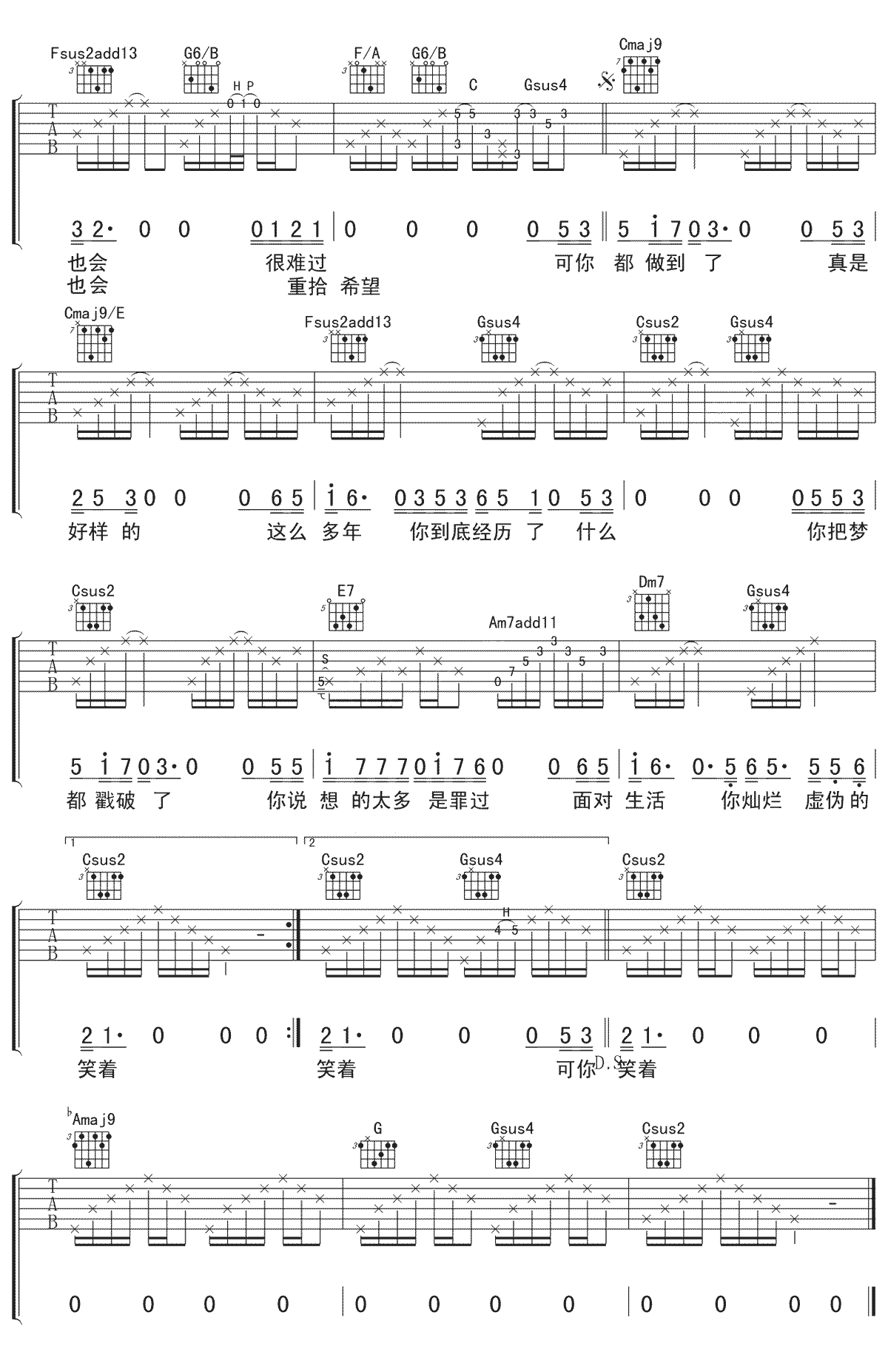 其实我想对你说吉他谱_郭旭_C调原版