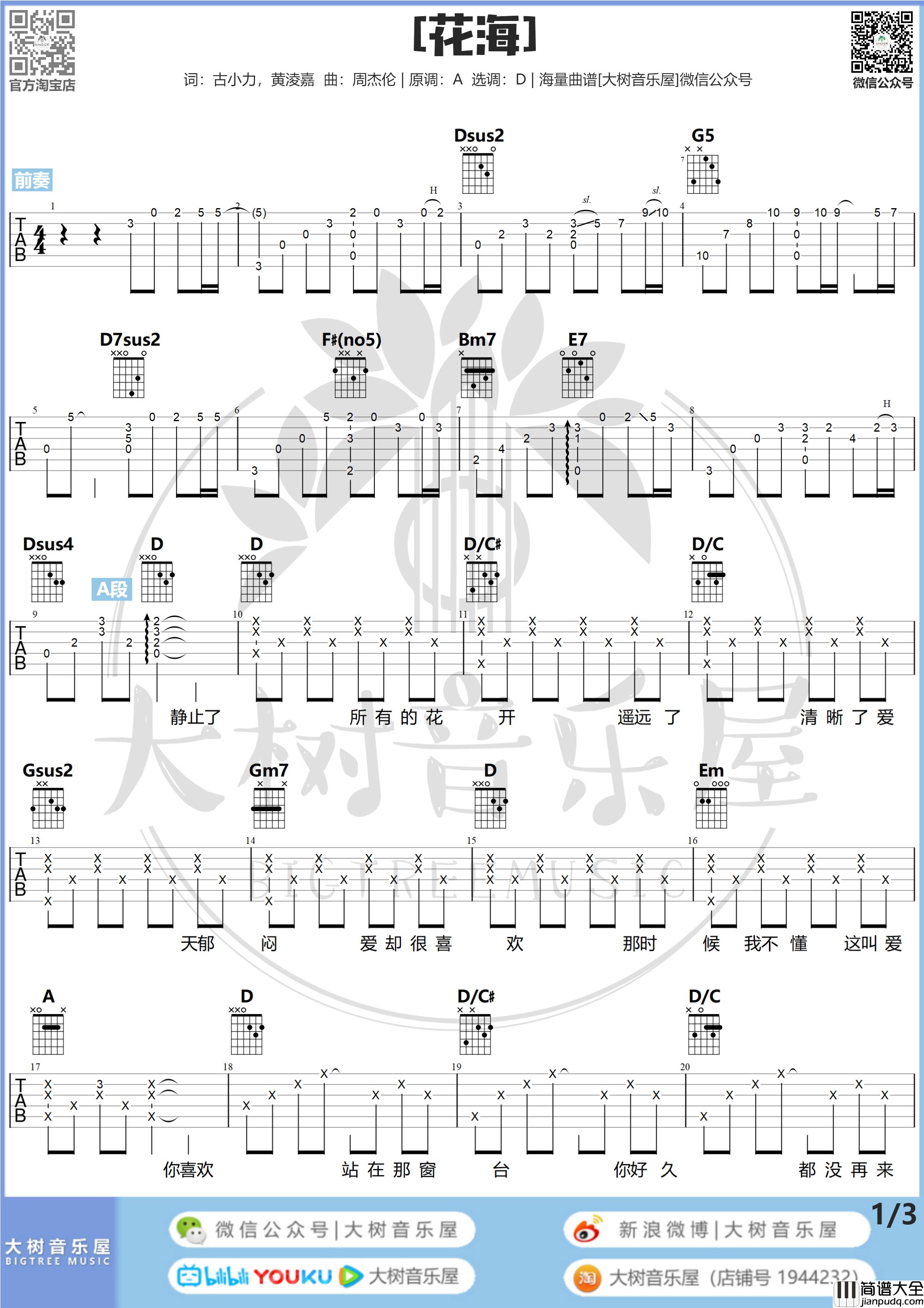 _花海_吉他谱_周杰伦_吉他弹唱教学视频_D调吉他谱