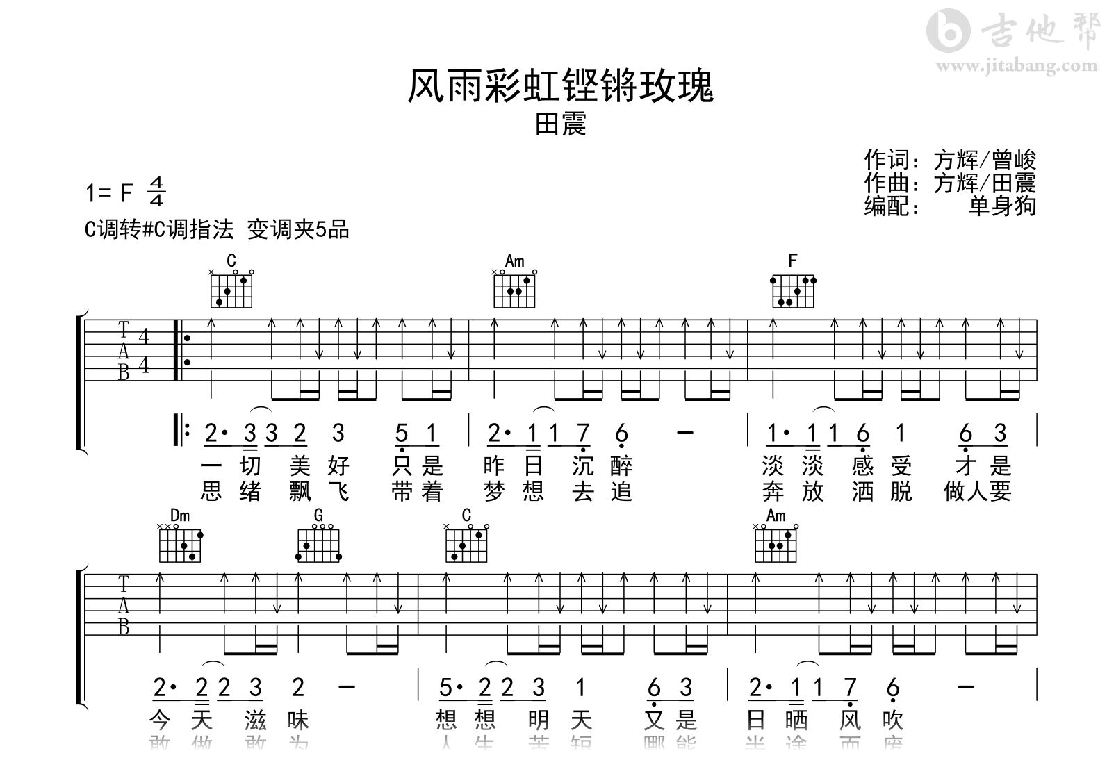 风雨彩虹铿锵玫瑰吉他谱_田震_C调弹唱六线谱