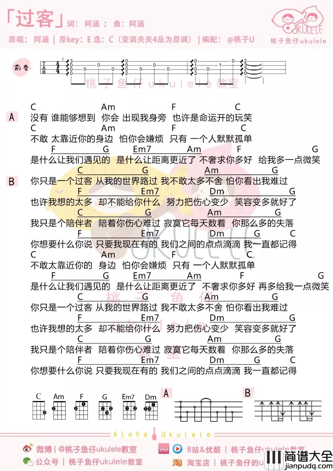 过客尤克里里谱_阿涵_是否能带你寻回曾经擦肩而过,却已铭心刻骨的那位过客
