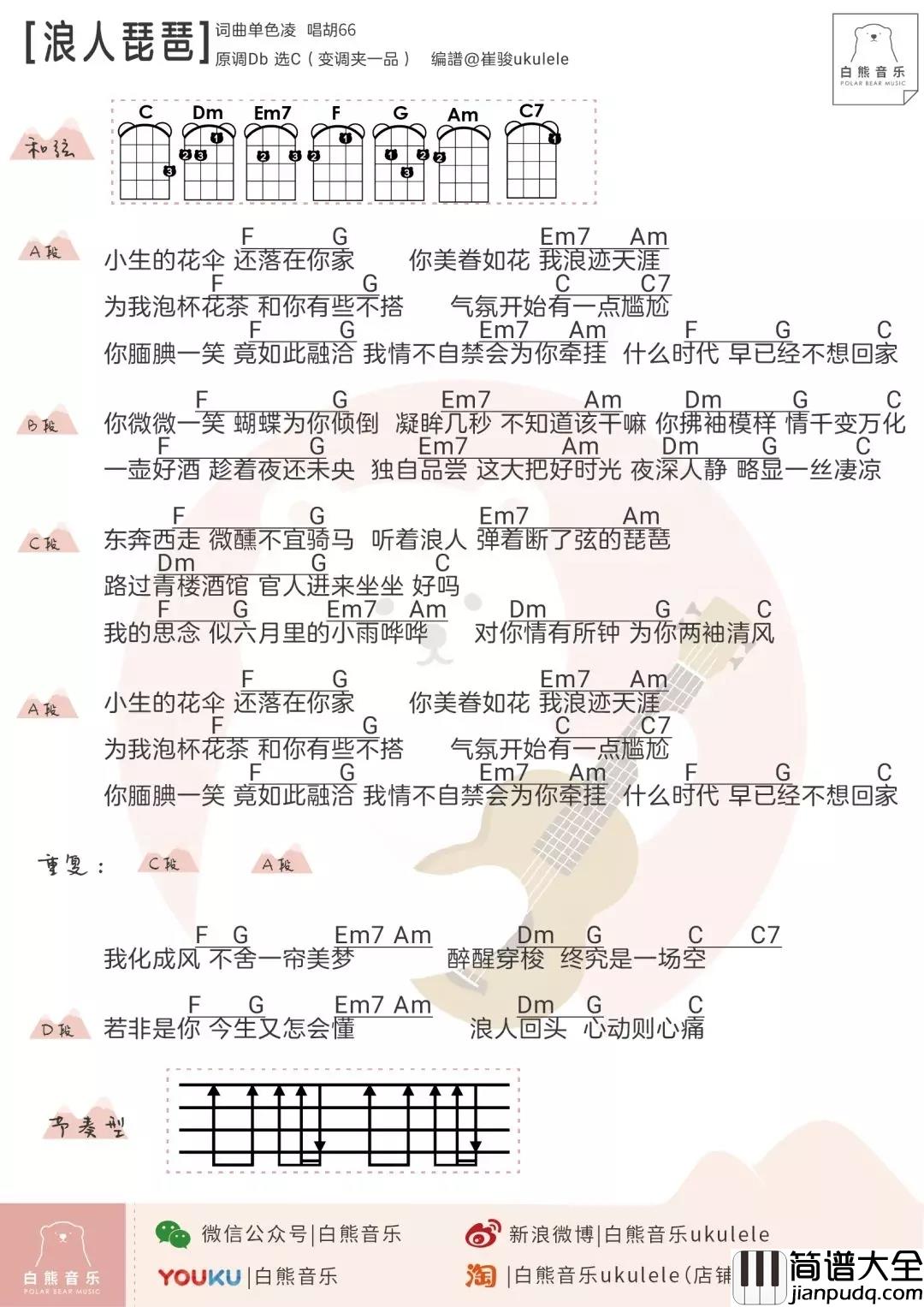 浪人琵琶尤克里里谱_胡66_一把琵琶就能浪迹天涯,这首歌果然没有浪得虚名