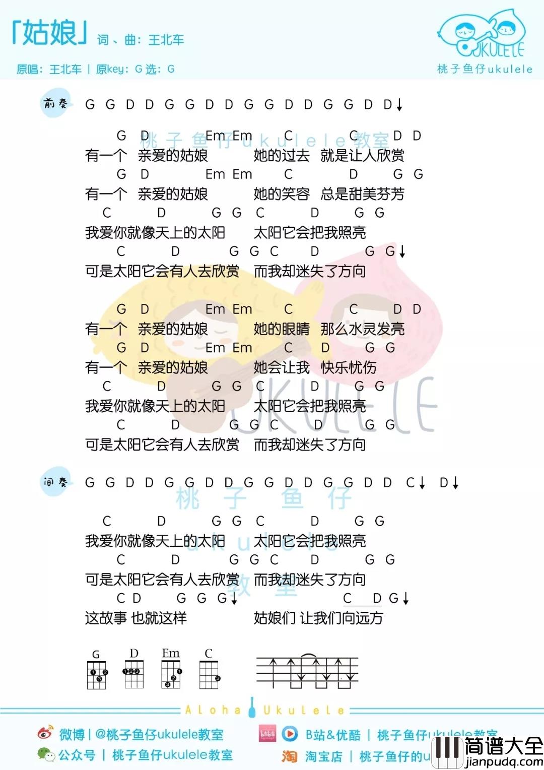 姑娘尤克里里谱_王北车_有一个亲爱的姑娘，她的眼睛那么水灵发亮