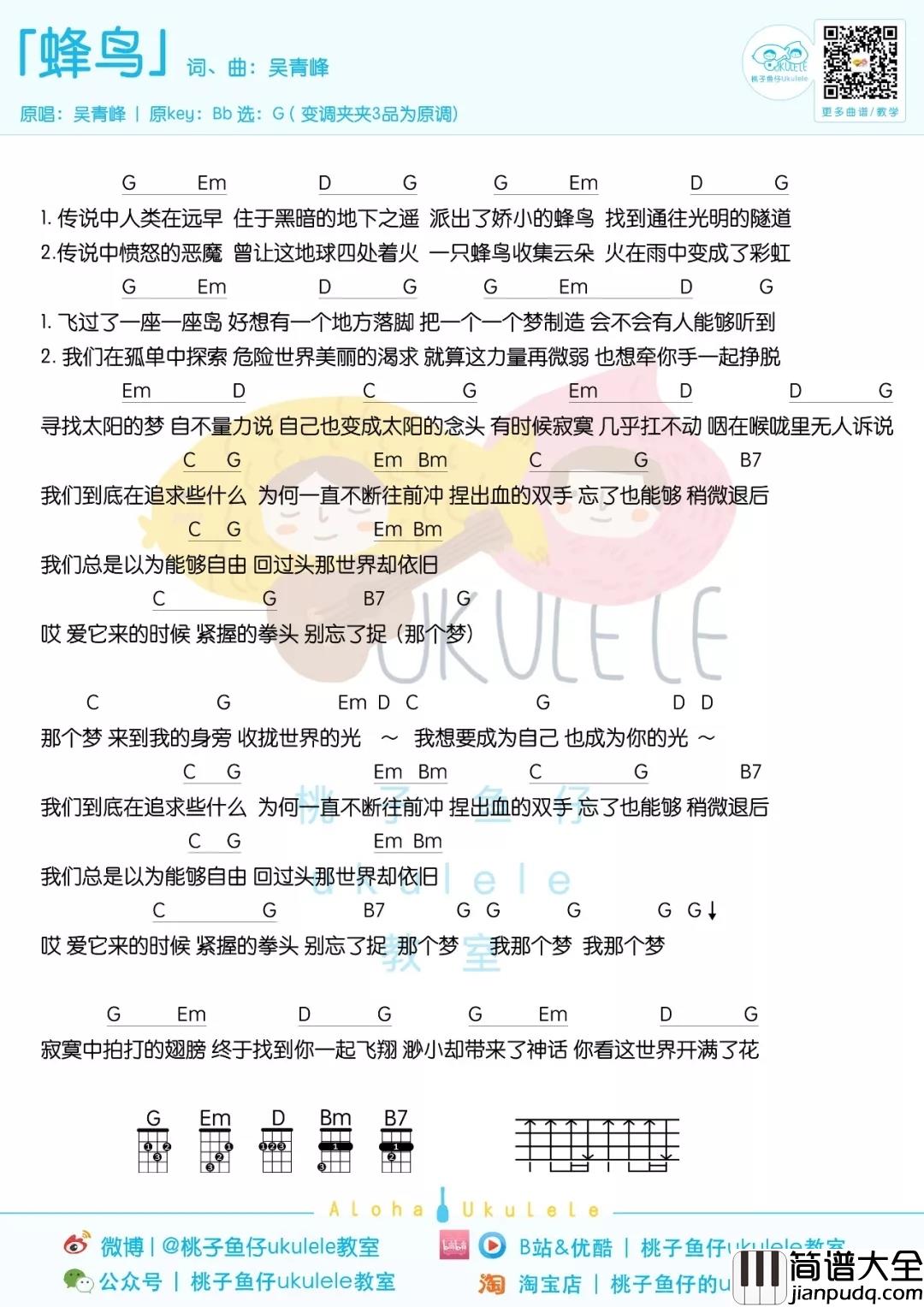 蜂鸟尤克里里谱_吴青峰_为了梦想奋不顾身