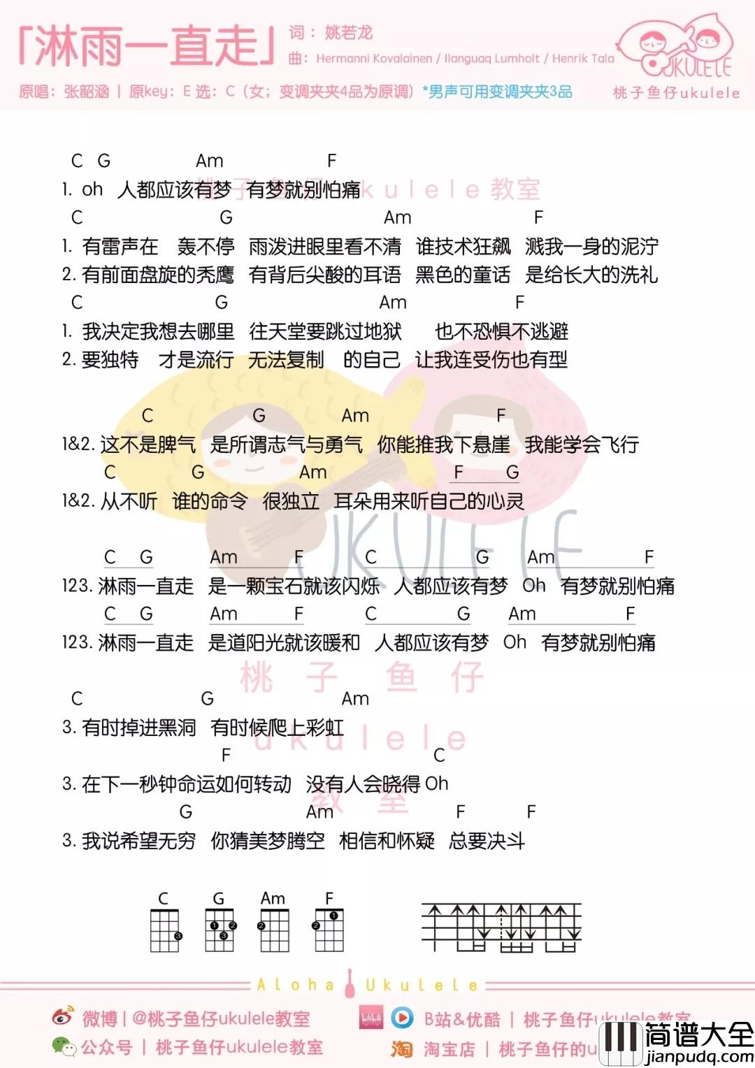 淋雨一直走尤克里里谱_张韶涵_你能推我下悬崖,我就能学会飞行